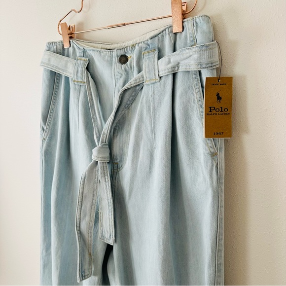 New Ralph Lauren High Rise Tapered Blue Tie Belt Ankle Cotton Denim Jeans Pants - Picture 12 of 16